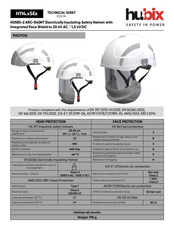 H114 SECRA-2 Helmet integrated face shield APC 2, APTV 36 Cal/cm2,  Class E (20 kV AC), Class 0 (1000V AC/1500V DC)