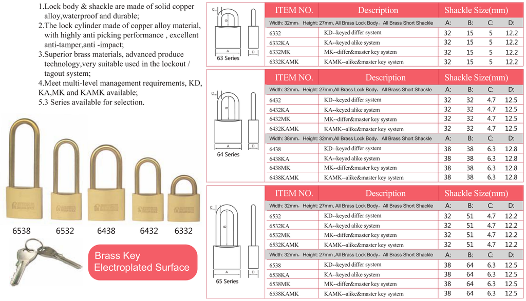 6332 5mm/15mm All Brass Safety Padlock