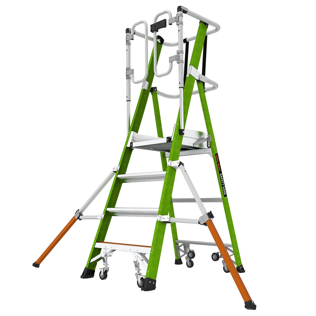 Safety Cage® 2.0 - EN 131 - 150 kg Rated, Fiberglass Electrical Insulated Platform Ladder with Wheels, GROUND CUE and Adjustable Outriggers