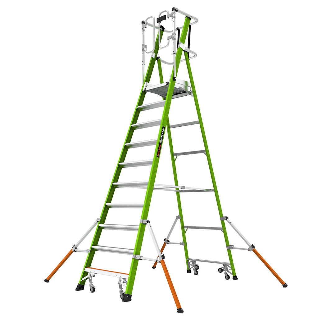 Safety Cage® 2.0 - EN 131 - 150 kg Rated, Fiberglass Electrical Insulated Platform Ladder with Wheels, GROUND CUE and Adjustable Outriggers
