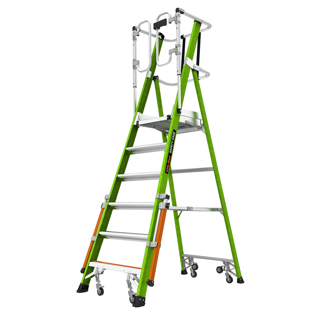Safety Cage® 2.0 - EN 131 - 150 kg Rated, Fiberglass Electrical Insulated Platform Ladder with Wheels, GROUND CUE and Adjustable Outriggers