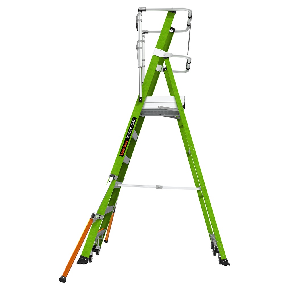 Safety Cage® 2.0 - EN 131 - 150 kg Rated, Fiberglass Electrical Insulated Platform Ladder with Wheels, GROUND CUE and Adjustable Outriggers