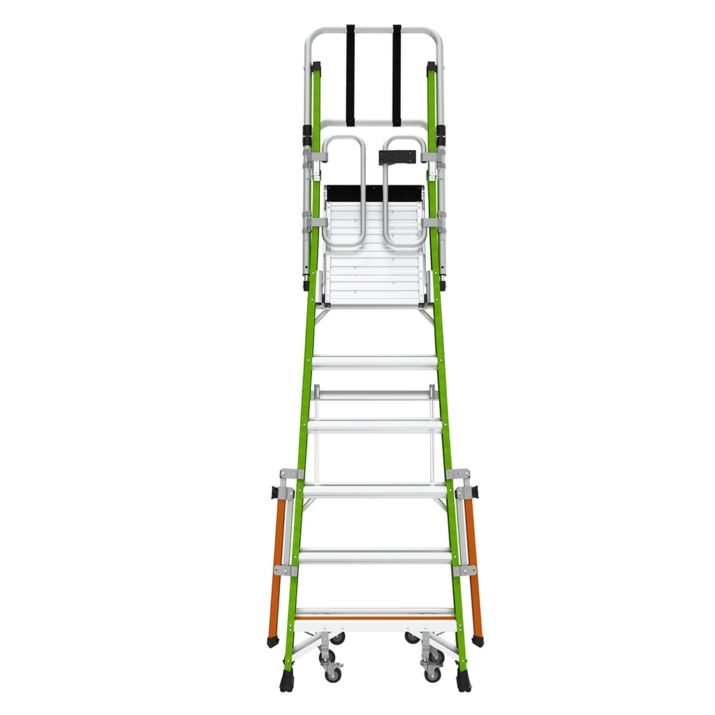 Safety Cage® 2.0 - EN 131 - 150 kg Rated, Fiberglass Electrical Insulated Platform Ladder with Wheels, GROUND CUE and Adjustable Outriggers