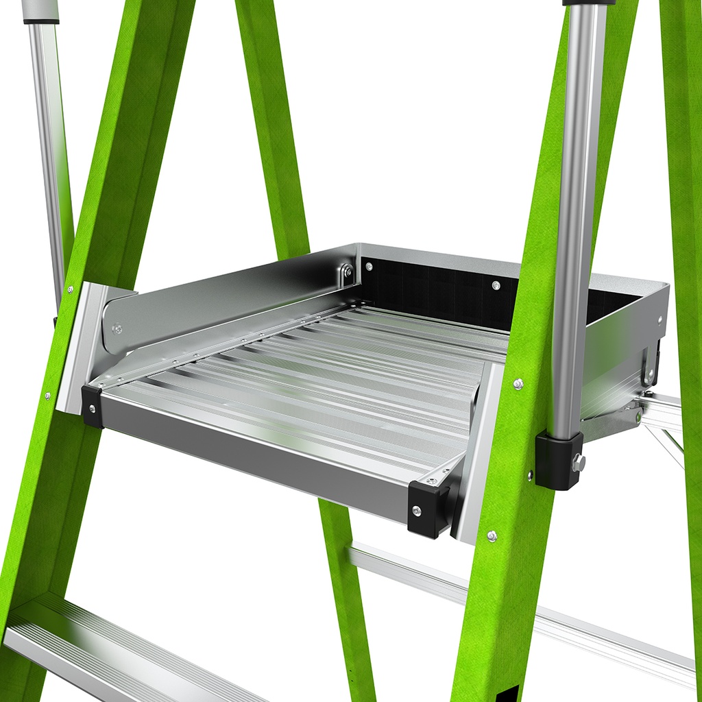 Safety Cage® 2.0 - EN 131 - 150 kg Rated, Fiberglass Electrical Insulated Platform Ladder with Wheels, GROUND CUE and Adjustable Outriggers