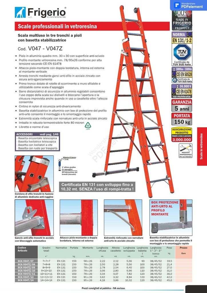 V047 Fiberglass Electrical Insulated Multipurpose ladder in three sections with rungs with stabilizing base