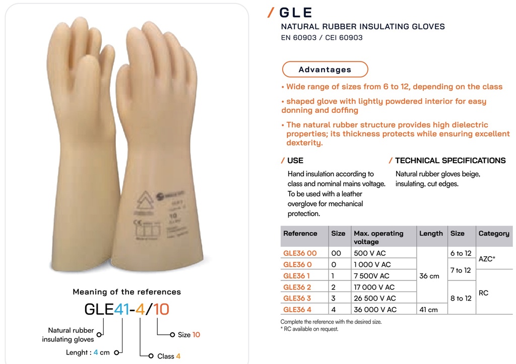 GLE2 36 Insulating natural rubber gloves class 2 (17,00V AC), length 36cm
