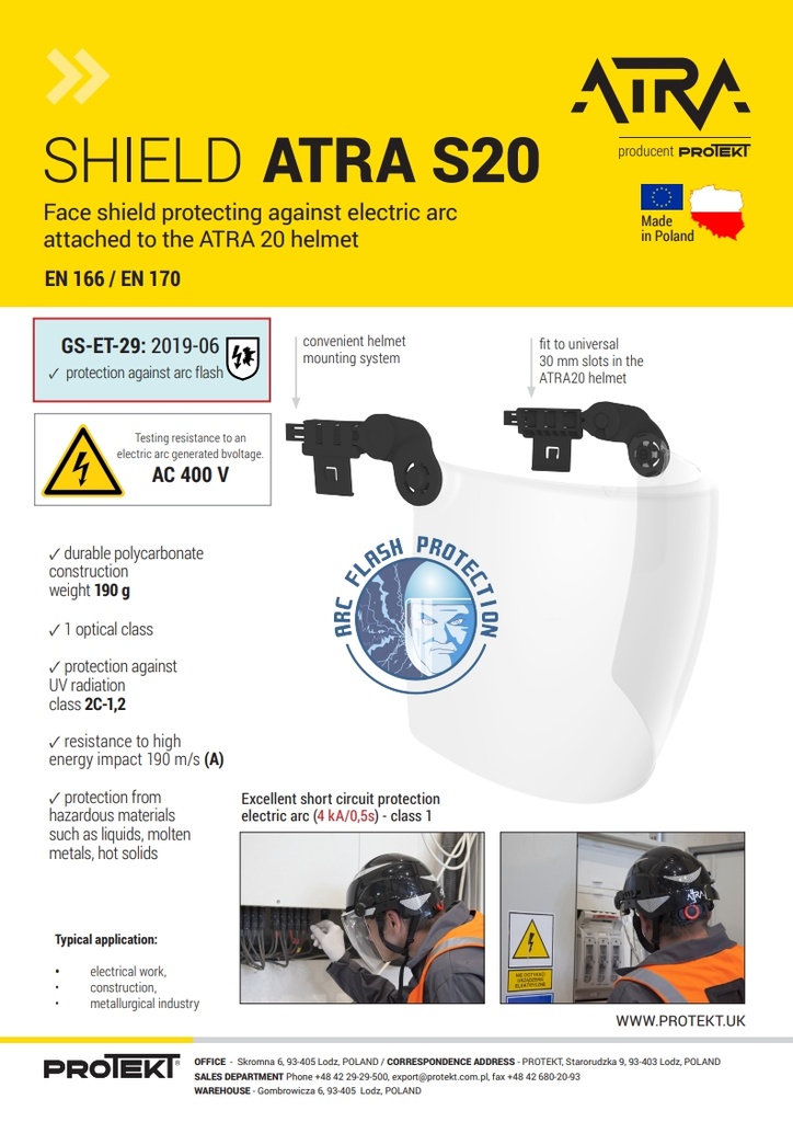 ATRA S20 Face shield protecting against electric arc Class 1 (4 kA/0,5s)