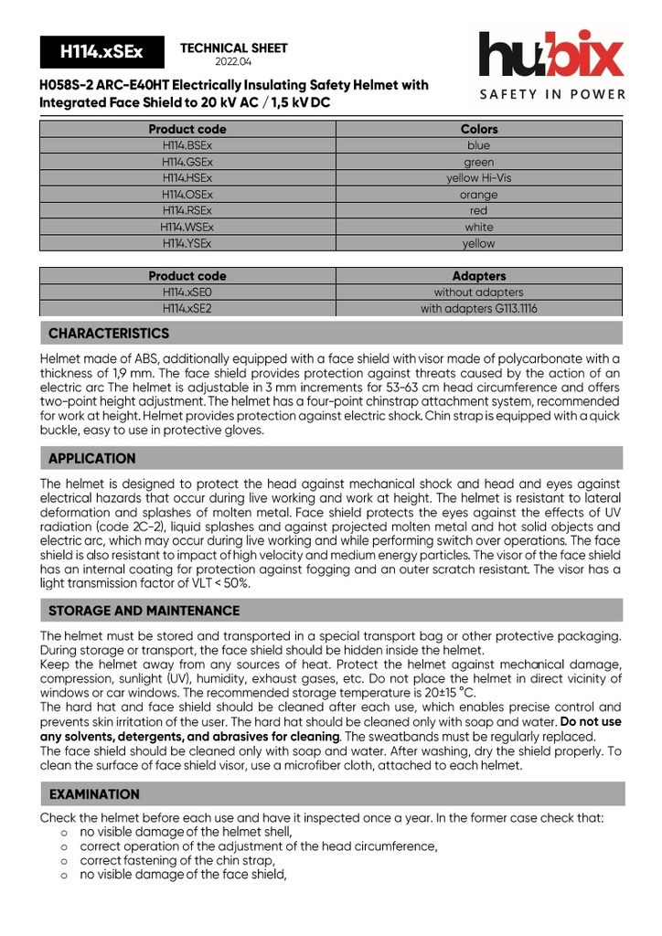 H114 SECRA-2 Helmet integrated face shield APC 2, APTV 36 Cal/cm2,  Class E (20 kV AC), Class 0 (1000V AC/1500V DC)