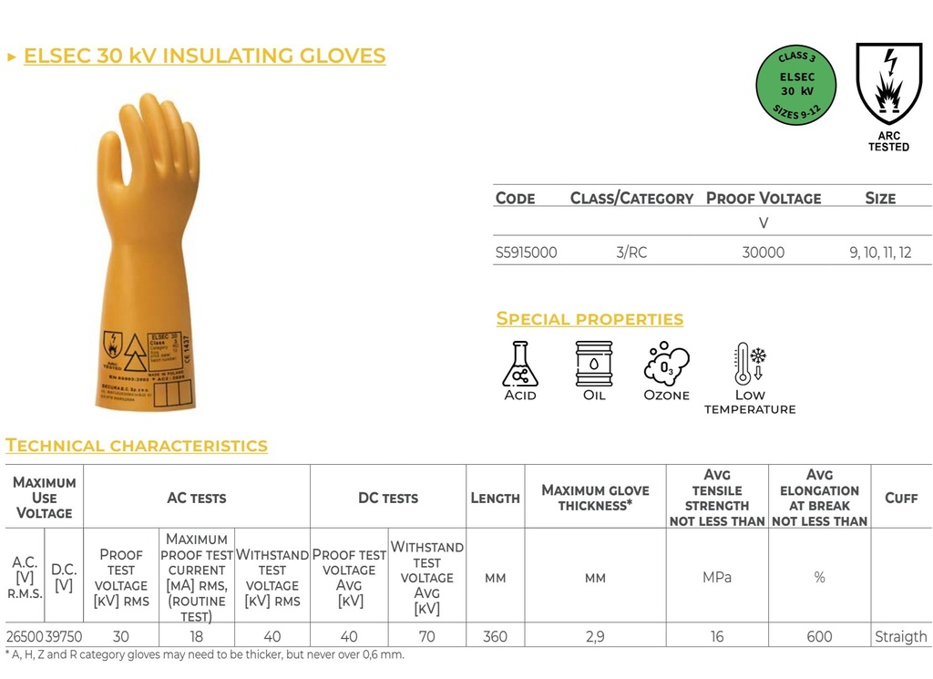 ELSEC 30 Arc Insulating natural rubber gloves class 3/RC (26,500 V), Arc Tested