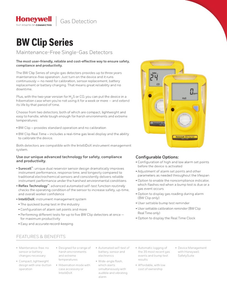 BW™ Clip Fixed 2/3 Year Single-Gas Detector