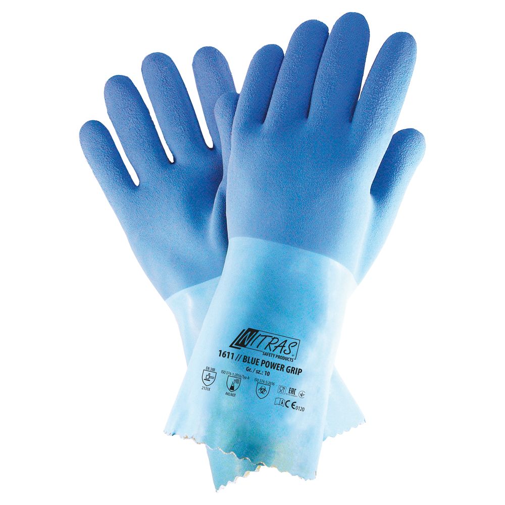 N1611 BLUE POWER GRIP Latex coated chemical gloves, cotton interlock, 30cm