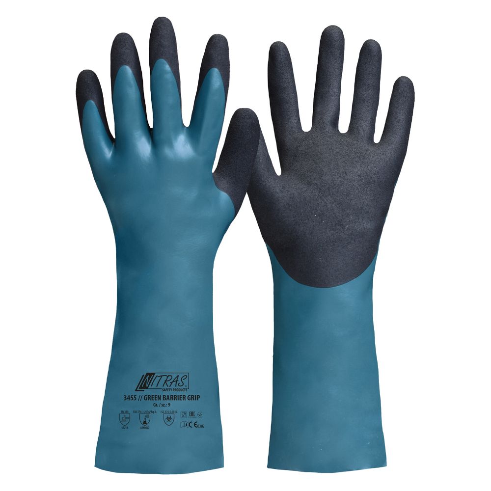 N3455 GREEN BARRIER GRIP Nitrile chemical gloves, length 32 cm, cotton interlock, Sandy nitrile layer