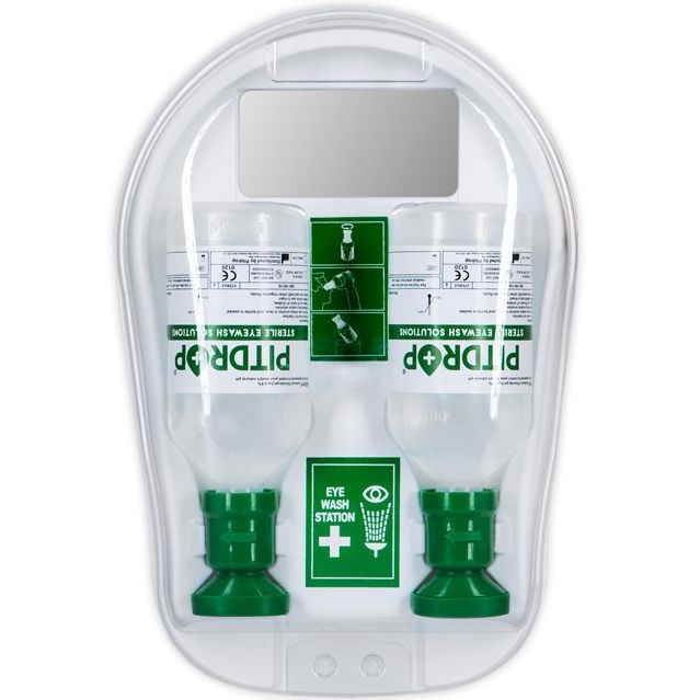 Pitdrop® Станица за туш за очи за на ѕид со проѕирна пластика, 2 шишиња PD110 стерилен раствор за испирање на очи, Nacl (0.9%), 500ml.