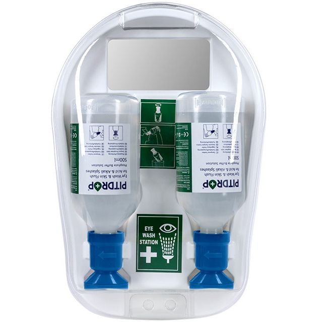 Pitdrop® Wall-Mounted Eyewash Station w/ Clear Dust Cover, 2 units of PH074 Ph Neutral, 500ml.