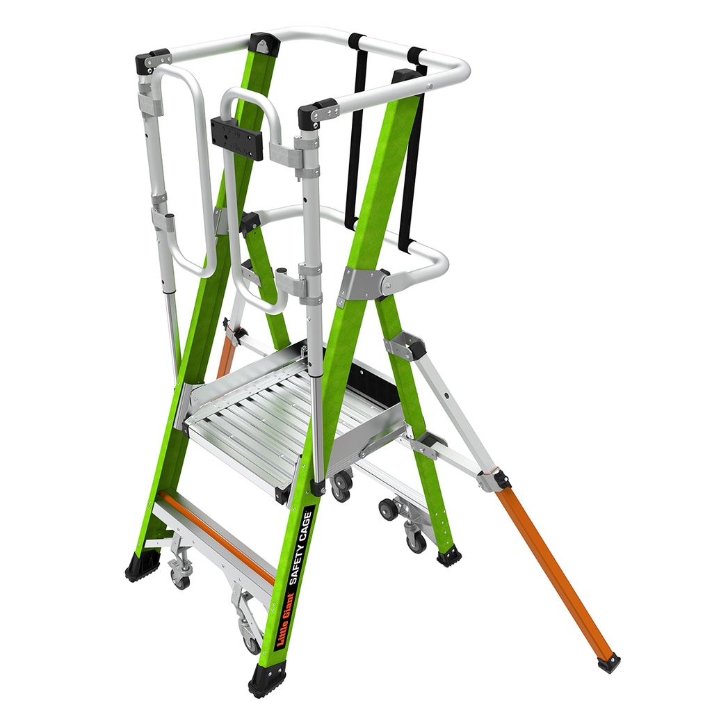 Safety Cage® 2.0 - EN 131 - 150 kg Rated, Fiberglass Electrical Insulated Platform Ladder with Wheels, GROUND CUE and Adjustable Outriggers