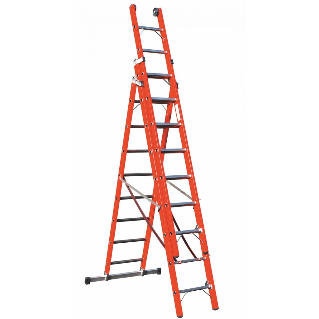 V047 Fiberglass Electrical Insulated Multipurpose ladder in three sections with rungs with stabilizing base