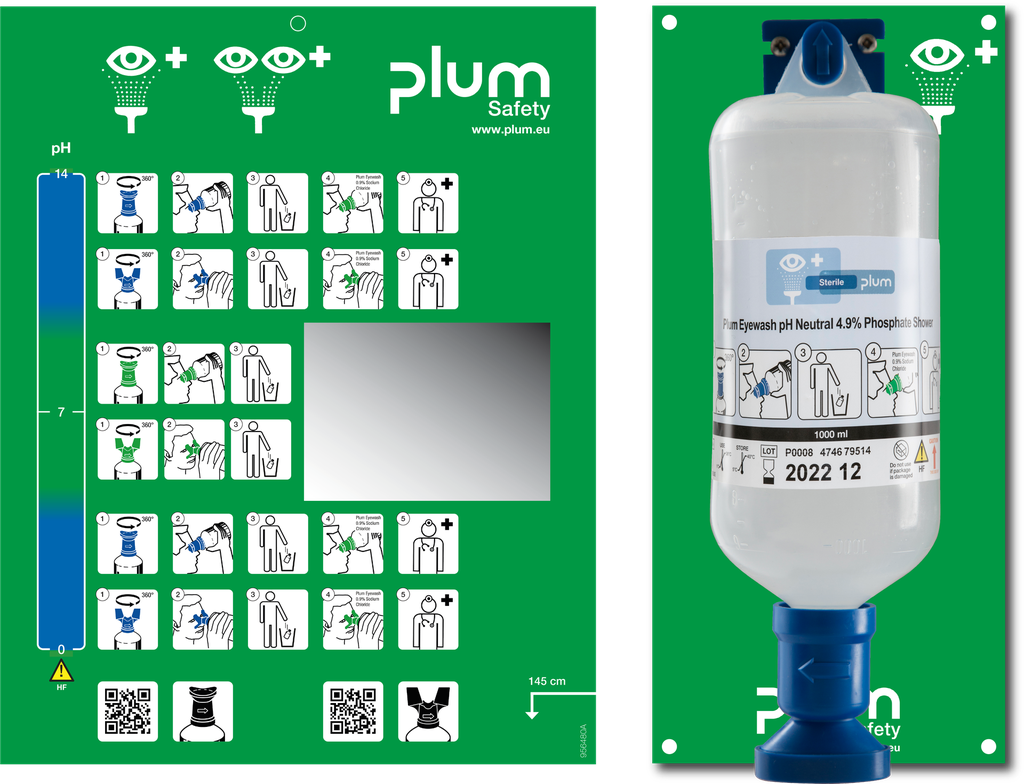 4741 PLUM 1000ml pH Neutral Eye Shower Station (4,9% Phosphate buffer) bottle+ shower head+ wall mount+ pictogram