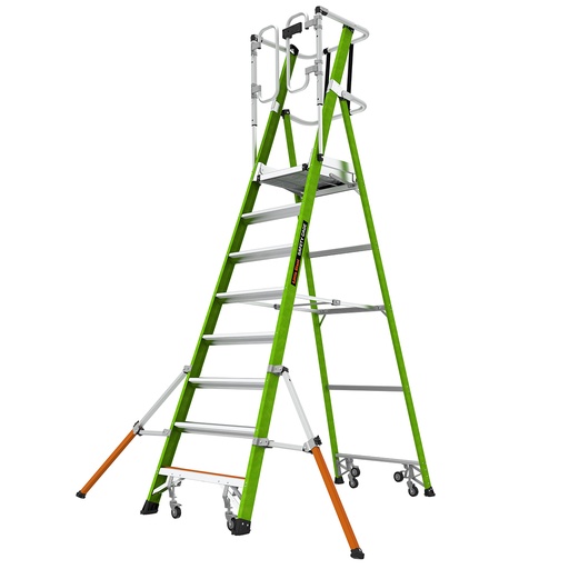 [19708EN] 19708EN Safety Cage® 2.0, 1 x 8 Model - EN 131 - 150 kg Rated, Fiberglass Platform Ladder with Wheels, GROUND CUE and Adjustable Outriggers, Enclosed Platform at 8th step, comparable to 1 x 10 Stepladder